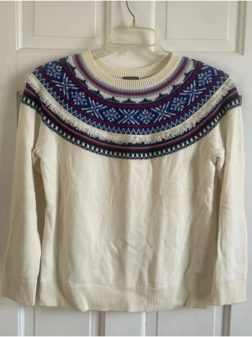 Lambswool Sweater Talbots Fair Isle Cream Red Blue Fringe Women's Size M